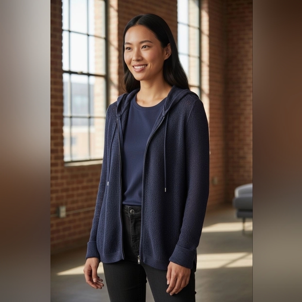 Belle Kim Gravel 2 Pc Navy Tank & LS Matching Zip Up Hooded Jacket Small